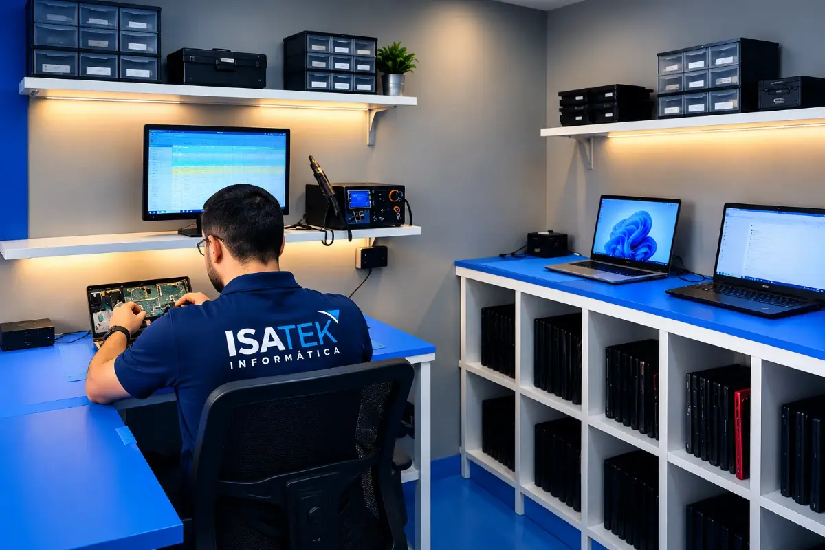 Laboratório de manutenção de notebooks da Isatek Informática, com técnico trabalhando em bancada especializada